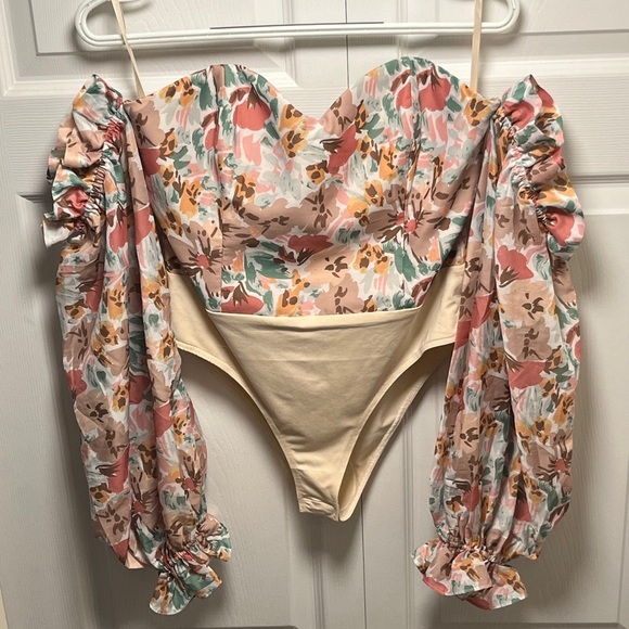 Floral Off-Shoulder Bodysuit with Ruffled Sleeves - Picture 1 of 11